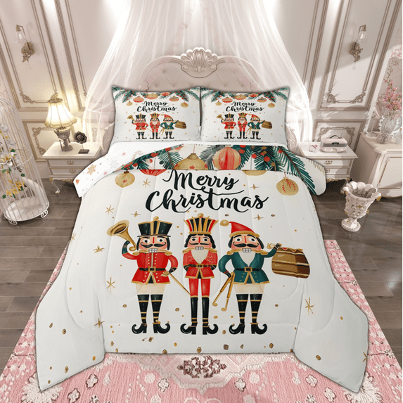 Manfei Xmas Nutcracker Full Size Comforter Sets for Kids, Merry Christmas Bedding Comforter Set, Gold Stars Bedding Sets, Microfiber Bedroom Decor, Reversible 3 Pieces