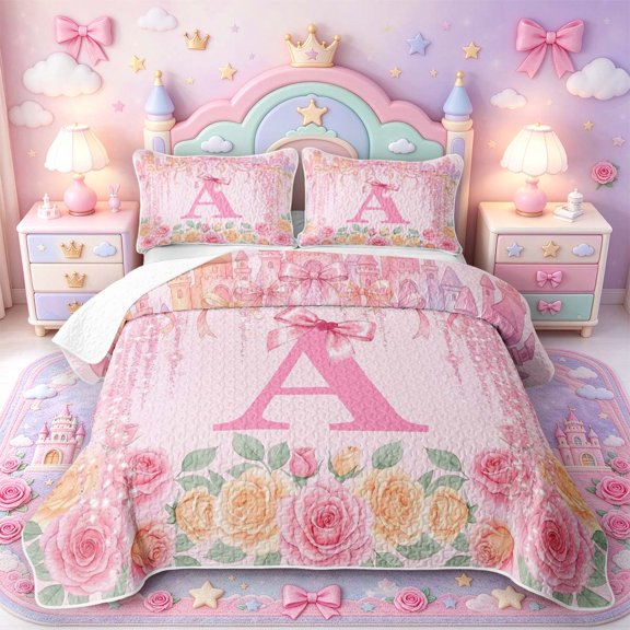 Manfei Xmas Pink Letter A Print Twin Quilt Set,Royal Castle Twin Coverlet Set,2-Piece,1 Bedspread and 1 Pillowcase
