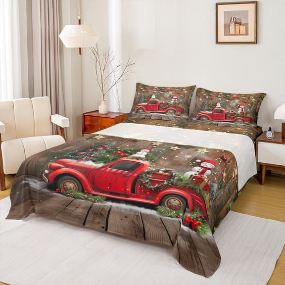 Manfei Xmas Red Truck Bed Sheets 4pcs, Christmas Snowman King Sheets, Merry Xmas Sheet Set, Luxury Bedroom Decor