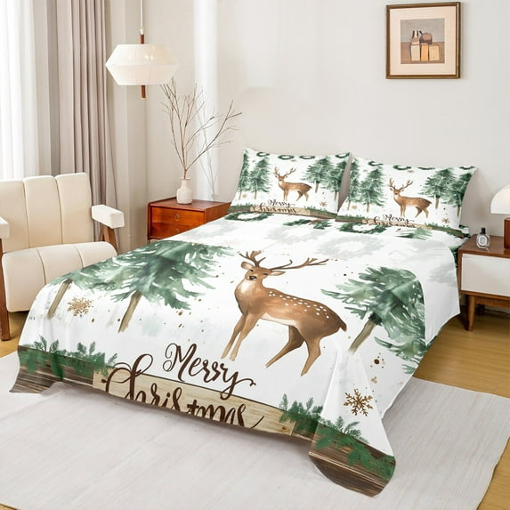 Manfei Xmas Reindeer Animal Bed Sheets, Rustic Christmas Tree King Sheets, Teen Kid Boy Girl Sheet Set, Microfiber Bedroom Decor, 4 Pieces