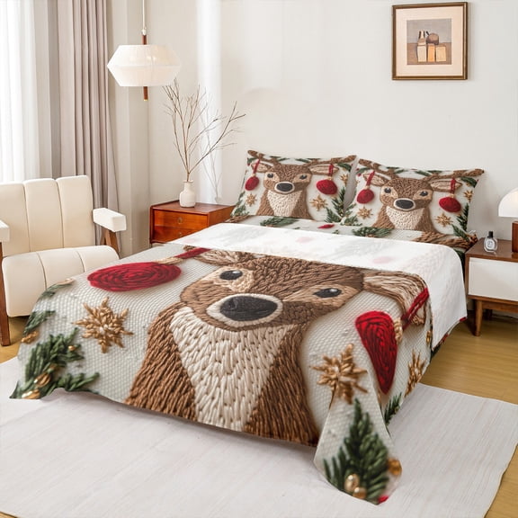 Manfei Xmas Reindeer Print Full Size Sheets,Happy Christmas Bed Sheets,Xmas Tree Glod Stars Sheet Sets For Boys Girls,Ultra Soft Home Decor,4pcs