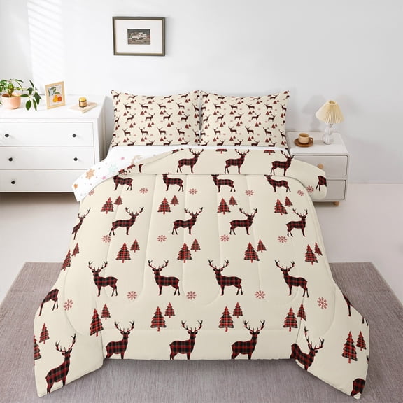 Manfei Xmas Reindeer Slihouette Queen Comforter Set,Christams Tree Snowflake Bedding Sets,Red Beige Bedding Comforter Set For Child,Super Cozy Room Decor Reversible,3 Pieces