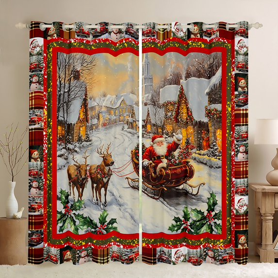 Manfei Xmas Santa Claus Blackout Curtains Set of 2 (52x84 Each), Happy New Year Window Curtains for Kids Boys Girls, Cute Reindeer Curtains and Drapes, Red Brown Home Decor