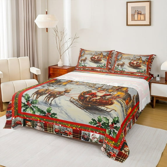 Manfei Xmas Santa Claus Twin Sheet Sets, Happy New Year Twin Fitted Sheet for Kids Boys Girls, Cute Reindeer Flat Sheet, Red Brown Home Decor3 Pieces