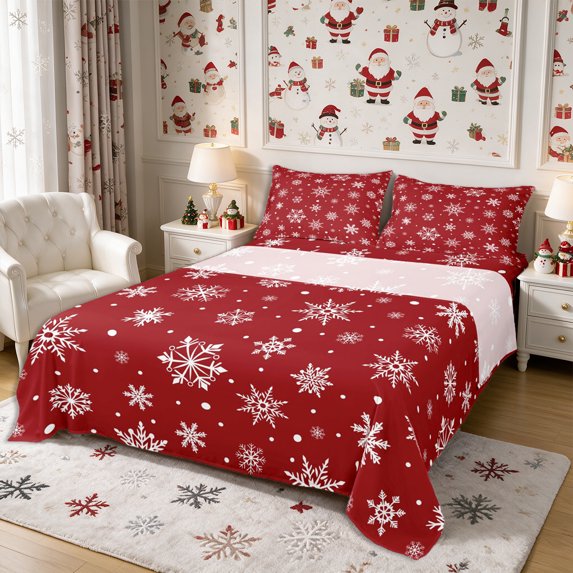 Manfei Xmas Snowflake King Sheets 4pcs,Happy New Year Bedding,1 Flat Sheet,1 Fitted Sheet and 2 Pillowcases
