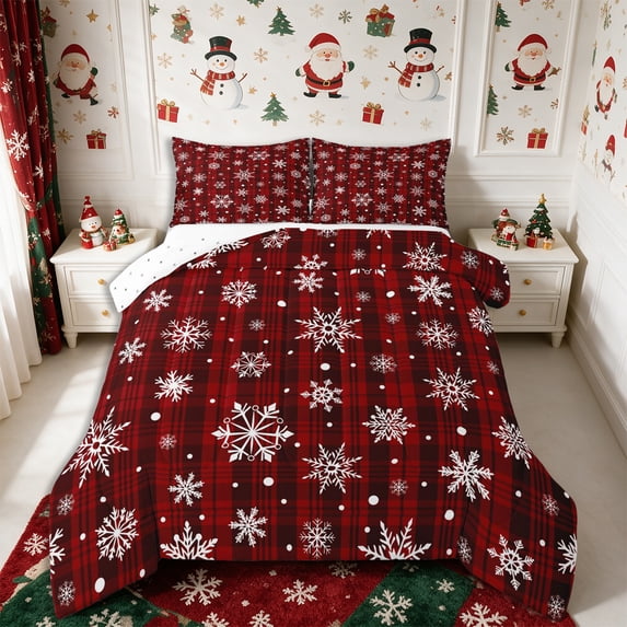 Manfei Xmas Snowflake Plaid Full Size Comforter Sets 3-Piece,Merry Christmas Bedding Comforter Set,1 Comforter and 2 Pillowcases,Reversible