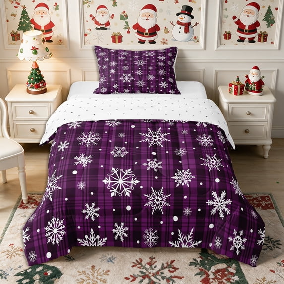 Manfei Xmas Snowflake Plaid Twin Comforter Sets 2pcs,Merry Christmas Bedding Set,1 Comforter and 1 Pillowcase,Reversible