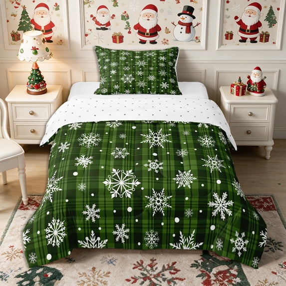 Manfei Xmas Snowflake Plaid Twin Comforter Sets 2pcs,Merry Christmas Bedding Set,1 Comforter and 1 Pillowcase,Reversible