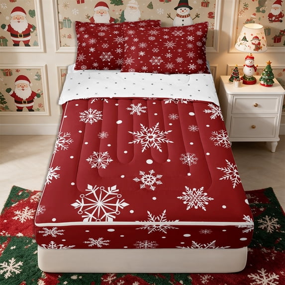 Manfei Xmas Snowflake Zipper Queen Comforter Set with Fitted Sheet and 2 Pillowcases,Happy New Year Zipper Bedding Set,Reversible