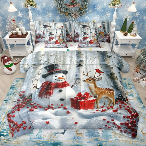 Manfei Xmas Snowman Deer 7pcs Bedding Comforter Set for Teens Boys Girls,Happy New Year Queen Bedding Sets Super Cozy,Merry Christmas Queen Sheet Sets,Microfiber Bedroom Decor,Reversible