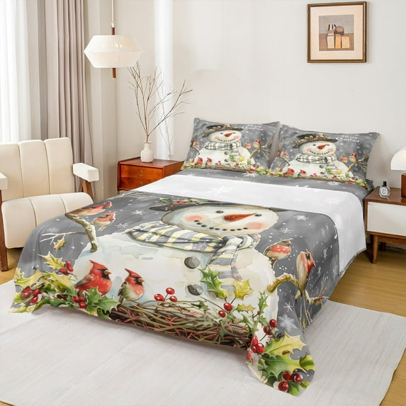 Manfei Xmas Snowman Full Size Sheets for Kids Boys Girls, Winter Snowflakes Cardinal Bird Bed Sheets, Gray Happy New Year Gifts Sheet Sets, Microfiber Bedroom Decor 4-Piece