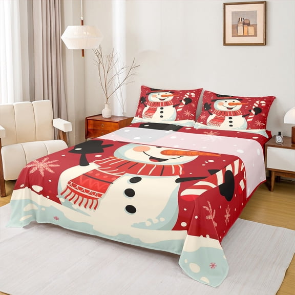 Manfei Xmas Snowman Queen Sheet Sets,Happy New Year Flat Sheet,Red White Snowflake Queen Fitted Sheet For Teens,Ultra Soft Home Decor,4pcs