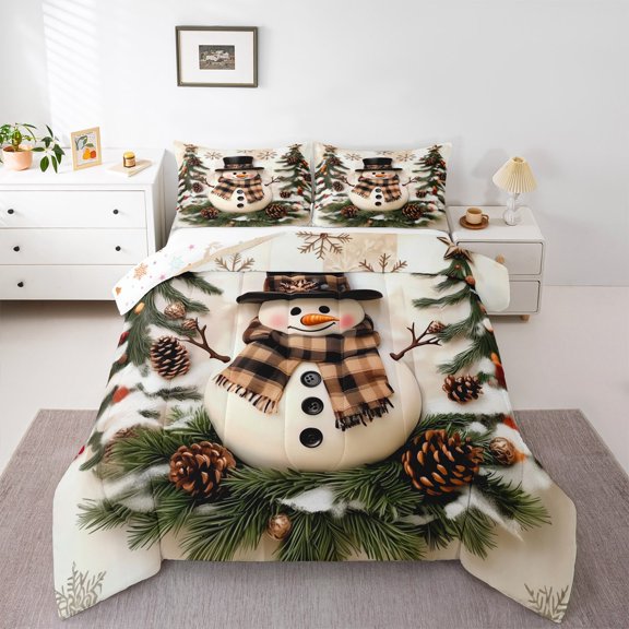 Manfei Xmas Snowmen Bedding Comforter Set,Rustic Pine Cone Twin Comforter Sets,Merry Christmas Bedding Set For Girl,Microfiber Bedroom Decor Reversible,2-Piece