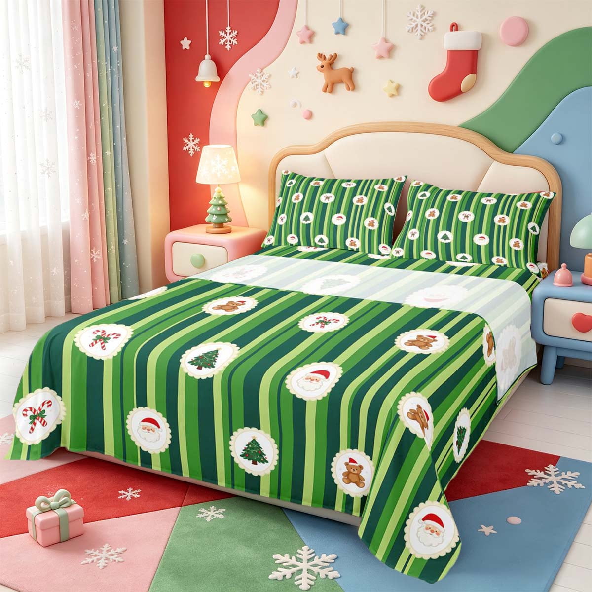 Manfei Xmas Striped Candy Queen Sheets,Santa Face Queen Sheet Sets,1 ...