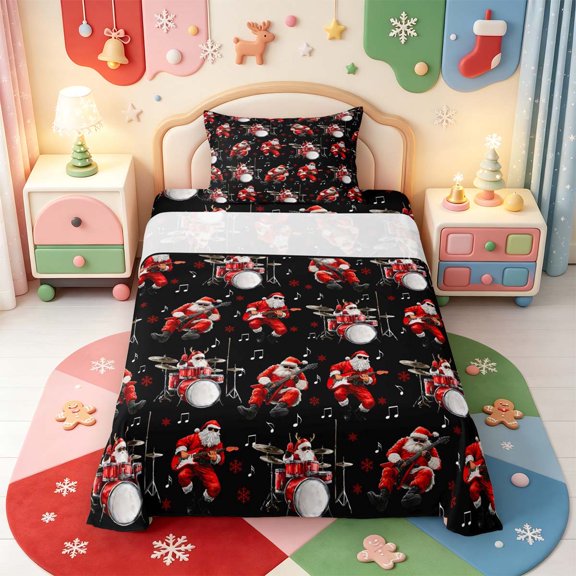 Manfei Xmas Sweet Guitar Twin Sheets,Cheerful Santa Bedding,1 Flat Sheet,1 Fitted Sheet and 1 Pillowcase