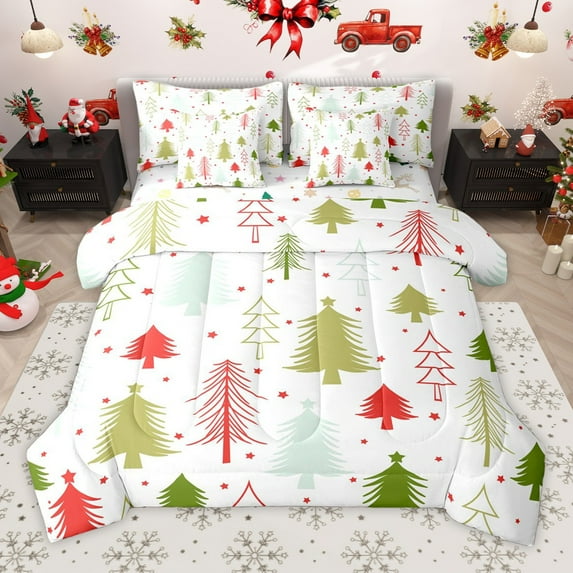 Manfei Xmas Tree 7pcs Bedding Comforter Set for Teens Female Men,Stars Print Queen Bedding Sets Super Cozy,Merry Christmas Queen Sheet Sets,Luxury Bedroom Decor,Reversible