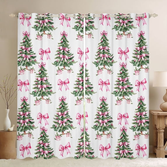 Manfei Xmas Tree Blackout Curtains Set of 2 (52x84 Each) for Kids Teens Girls,Pink Ribbon Bow Window Curtains,Merry Christmas Curtains and Drapes,Microfiber Bedroom Decor