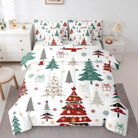 Manfei Xmas Tree Twin Bedding Sets 7-Piece for Female Men Adults,Merry Christmas Bedding Comforter Set Microfiber,Winter Snowflakes Breathable Sheet Sets,Breathable Home Decor,Reversible