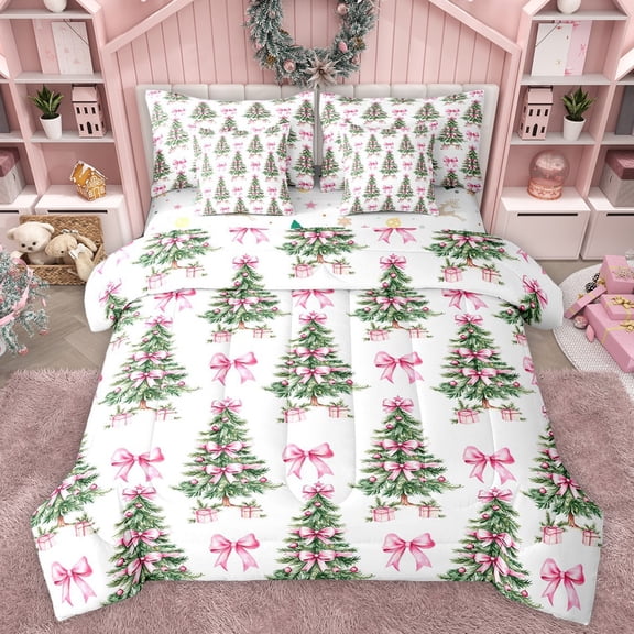 Manfei Xmas Tree Twin Bedding Sets 7-Piece for Kids Teens Girls,Pink Ribbon Bow Bedding Comforter Set Microfiber,Merry Christmas Breathable Sheet Sets,Microfiber Bedroom Decor,Reversible