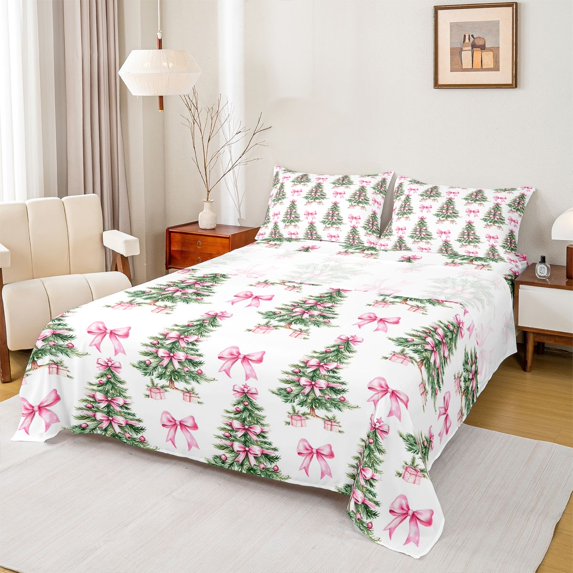 Manfei Xmas Tree Twin Sheet Sets 3pcs for Kids Teens Girls,Pink Ribbon Bow Twin Fitted Sheet Microfiber,Merry Christmas Breathable Flat Sheet,Microfiber Bedroom Decor