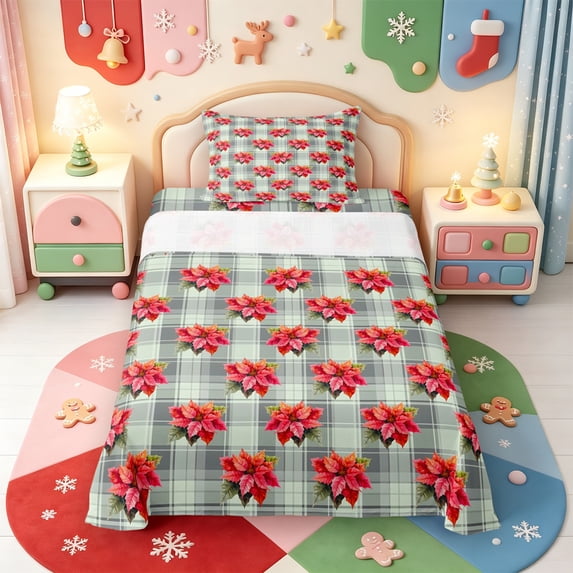 Manfei Xmas Winter Holiday Twin Sheets,Cute Santa Claus Bedding,3 Pieces,1 Flat Sheet,1 Fitted Sheet and 1 Pillowcase