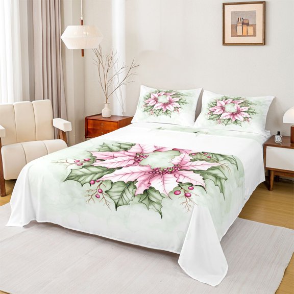 Manfei Xmas Wreath Flower Queen Sheet Sets,Western Christmas Theme Flat Sheet,Pink Green White Queen Fitted Sheet For Girls,Ultra Soft Home Decor,4 Pieces