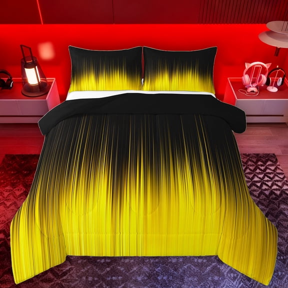 Manfei Yellow Artwork Abstract Full Size Comforter Sets, Chic Stripes Ombre Bedding Comforter Set, Aesthetic Gradient Modern Reversible Bedding Sets, Luxury Bedroom Decor, 3-Piece