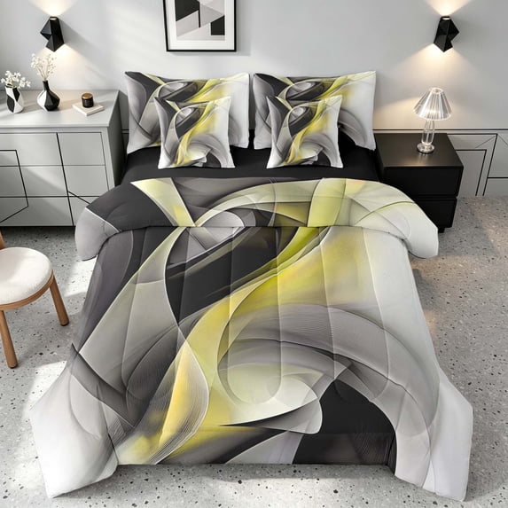 Manfei Yellow Black and Gray Twin Bedding, Modern Abstract Artwork, Black Reversible 7 Pieces