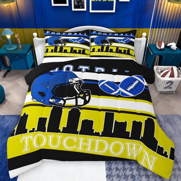 Manfei Yellow Blue Helmet Bedding Comforter Set, Eat Sleep Football Rugby Twin Comforter Sets, Modern Sports City Print Reversible Bedding Set, Ultra Soft Bedroom Decor, 2 Pieces