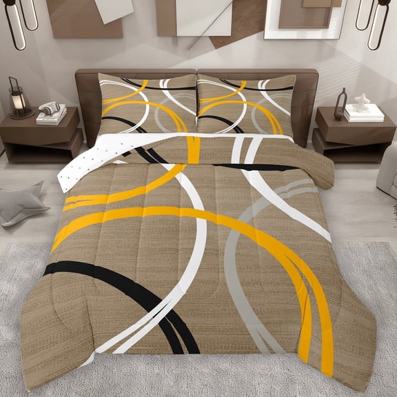 Manfei Yellow Brown Bedding Comforter Set,Modern Geometric Art Twin Comforter Sets,Wave Stripes Print Bedding Set For Adults,Microfiber Bedroom Decor Reversible,2pcs