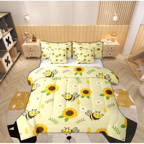 Manfei Yellow Cartoon Bee Bedding Sets Full Size, Vibrant Sunflower Bed in a Bag Full size, Rutsic Animal Reversible Comforter Sets with Sheets, Microfiber Room Decoration, 7 Pieces