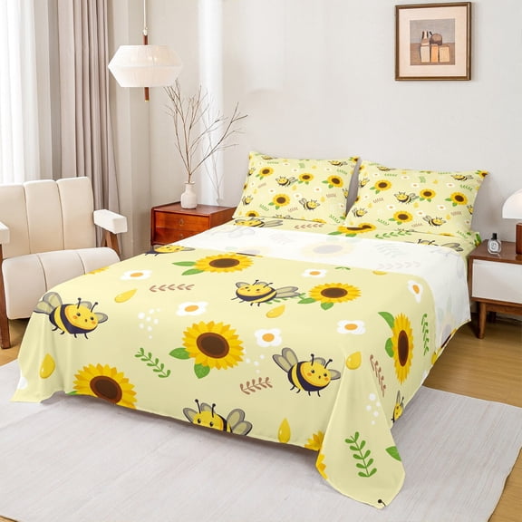 Manfei Yellow Cartoon Bee Full Sheet Sets, Vibrant Sunflower Sheet Set Full, Rutsic Animal Bed Sheets Set Full Size, Microfiber Room Decoration, 4 Pieces