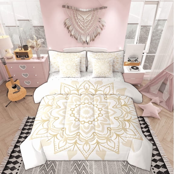 Manfei Yellow Damask Flower Bedding Comforter Set 7-Piece, Tribal Hippie Mandala Geometric King Bedding Sets, Teen Adult Female Reversible Bed Sheets, Microfiber Bedroom Decor