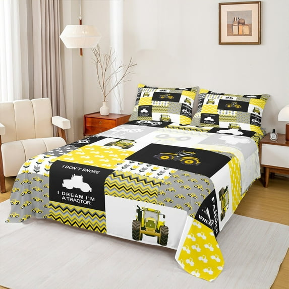Manfei Yellow Farm Tractor Queen Sheet Sets,Country Farmhouse Lodge Flat Sheet,Patchwork Geometric Checkered Queen Fitted Sheet For Teens,Microfiber Bedroom Decor,4-Piece