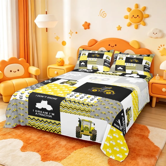 Manfei Yellow Farm Tractor Twin Sheet Sets,Country Farmhouse Lodge Twin Fitted Sheet,Patchwork Geometric Checkered Flat Sheet For Teens,Microfiber Bedroom Decor,3 Pieces