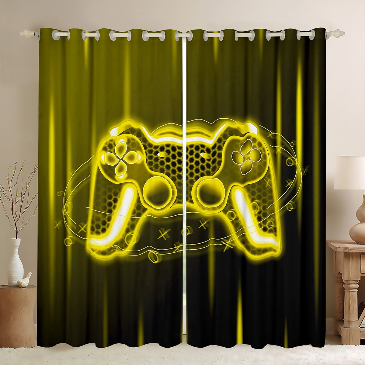 Manfei Yellow Gamepad Boy Blackout Curtains Set of 2 (52x84 Each