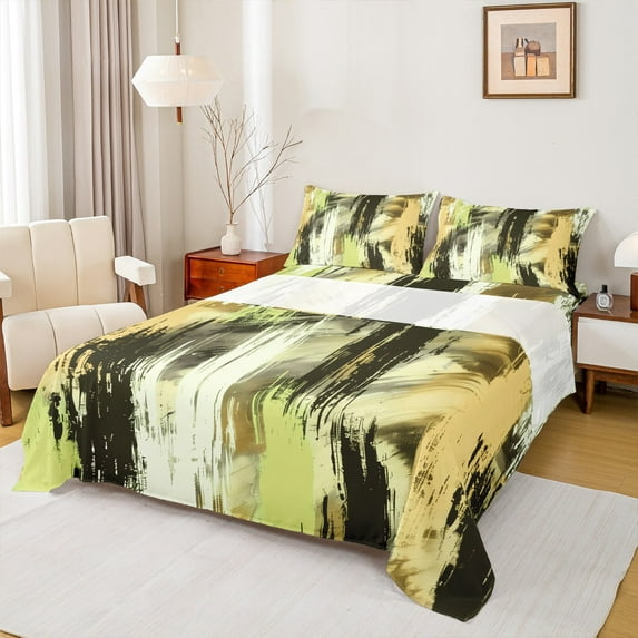 Manfei Yellow Green Geometric Bed Sheets, Modern Abstract Graffiti King Sheets, Vintage Artwork Sheet Set, Luxury Bedroom Decor, 4 Pieces