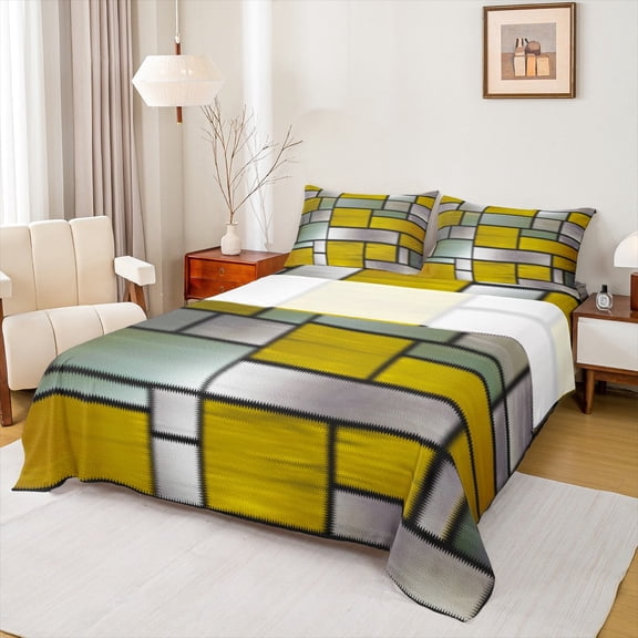 Manfei Yellow Green Gray Full Size Sheets,Modern Abstract Geometric Bed Sheets,Geometric Artistic Sheet Sets For Teens,Breathable Home Decor,4-Piece