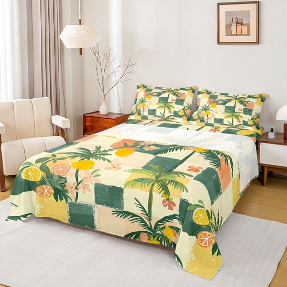 Manfei Yellow Lemon 4pcs Bed Sheets for Kids Children,Tropical Fruit King Sheets,Geometric Plaid Super Cozy Sheet Set,Ultra Soft Home Decor