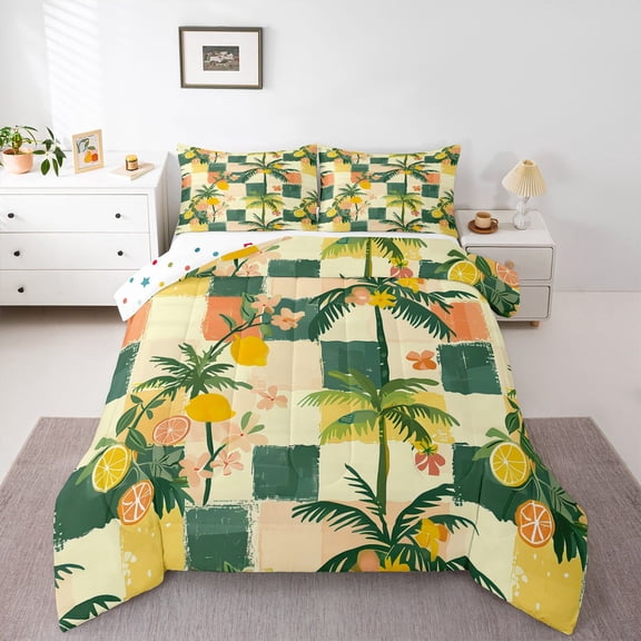 Manfei Yellow Lemon Bedding Comforter Set 2pcs for Kids Children,Tropical Fruit Twin Comforter Sets Microfiber,Geometric Plaid Breathable Bedding Set,Ultra Soft Home Decor,Reversible