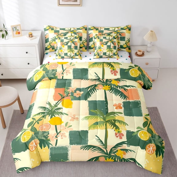 Manfei Yellow Lemon Bedding Comforter Set 7pcs for Kids Children,Tropical Fruit Queen Bedding Sets Super Cozy,Geometric Plaid Queen Sheet Sets,Ultra Soft Home Decor,Reversible