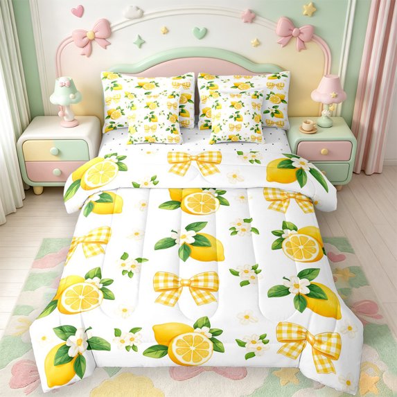 Manfei Yellow Lemon Fruit 7-Piece King Bedding,Girly Bowtie King Bed in a Bag