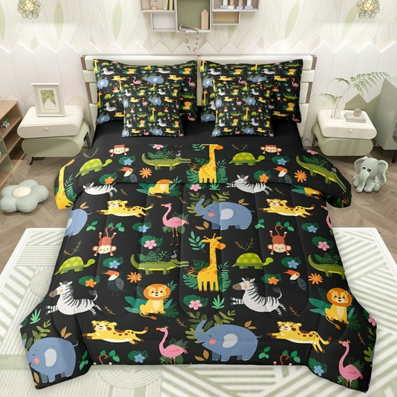 Manfei Yellow Lions Leopard 7pcs Bedding Comforter Set,Wild Crocodile Queen Bedding Sets,Kawai Zebra Pattern Queen Sheet Sets For Girls Boys,Microfiber Bedroom Decor Reversible