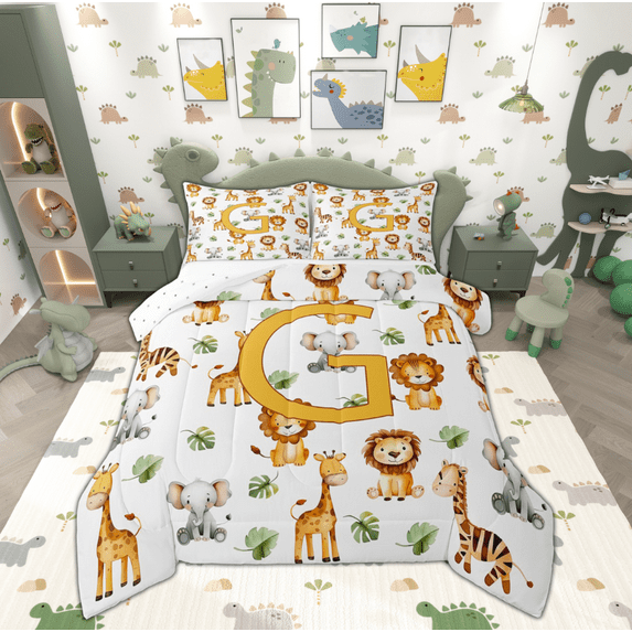 Manfei Yellow Monogrammed G Queen Comforter Set, Cute Lion Giraffe Elephant Bedding Sets, Animal Wildlife Reversible Bedding Comforter Set, Super Cozy Room Decor, 3 Pieces
