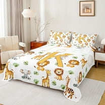 Manfei Yellow Monogrammed K Twin Sheet Sets, Cute Lion Giraffe Elephant Twin Fitted Sheet, Animal Wildlife Flat Sheet, Luxury Bedroom Decor, 3pcs