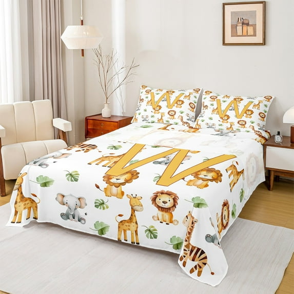 Manfei Yellow Monogrammed W Full Size Sheets, Cute Lion Giraffe Elephant Bed Sheets, Animal Wildlife Sheet Sets, Luxury Bedroom Decor, 4pcs