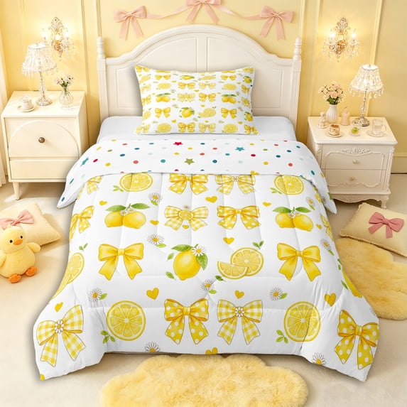 Manfei Yellow Plaid Bowtie Twin Comforter Sets 3-Piece for Kids Girls,Cartoon Lemon Flowers Bedding Set for Teens,Breathable Home Decor