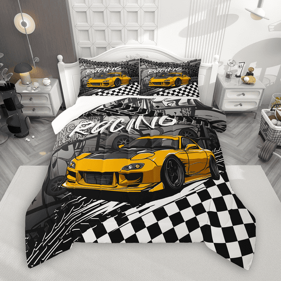 Manfei Yellow Racing Car Bedding Comforter Set 2pcs for Boys, Speed Sports Car Twin Comforter Sets, Black White Plaid Flag Bedding Set, Microfiber Bedroom Decor