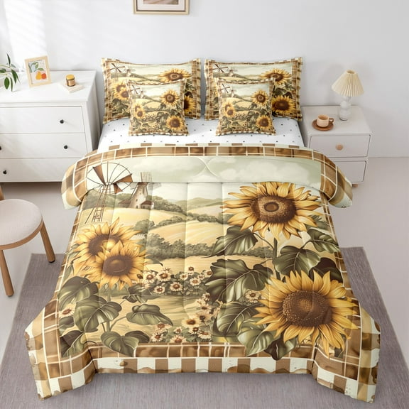Manfei Yellow Sunflower Flower 7-Piece Twin Bedding Sets,Rustic Farmhouse Cabin Bedding Comforter Set,Country Floral Sheet Sets For Kids,Ultra Soft Home Decor Reversible