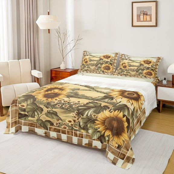 Manfei Yellow Sunflower Flower Bed Sheets,Rustic Farmhouse Cabin King Sheets,Country Floral Sheet Set For Kids,Ultra Soft Home Decor,4 Pieces